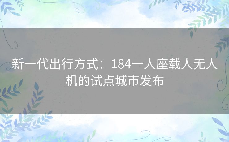 新一代出行方式：184一人座载人无人机的试点城市发布