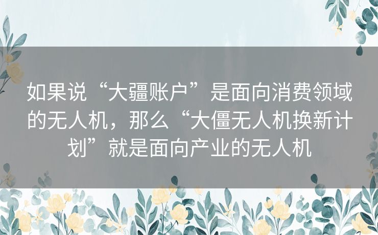 如果说“大疆账户”是面向消费领域的无人机，那么“大僵无人机换新计划”就是面向产业的无人机